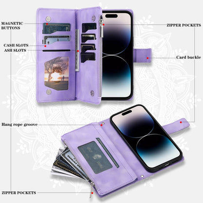 For iPhone 16 Pro Multi-Card Totem Zipper Leather Phone Case(Purple) - iPhone 16 Pro Cases by PMC Jewellery | Online Shopping South Africa | PMC Jewellery | Buy Now Pay Later Mobicred