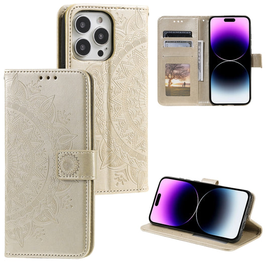 For iPhone 16 Pro Max Totem Flower Embossed Leather Phone Case(Gold) - iPhone 16 Pro Max Cases by PMC Jewellery | Online Shopping South Africa | PMC Jewellery | Buy Now Pay Later Mobicred