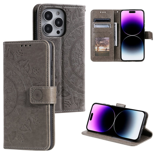 For iPhone 16 Pro Max Totem Flower Embossed Leather Phone Case(Grey) - iPhone 16 Pro Max Cases by PMC Jewellery | Online Shopping South Africa | PMC Jewellery | Buy Now Pay Later Mobicred