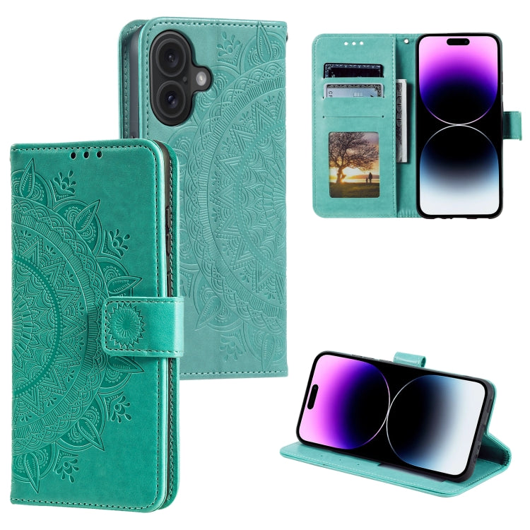 For iPhone 16 Plus Totem Flower Embossed Leather Phone Case(Green) - iPhone 16 Plus Cases by PMC Jewellery | Online Shopping South Africa | PMC Jewellery | Buy Now Pay Later Mobicred