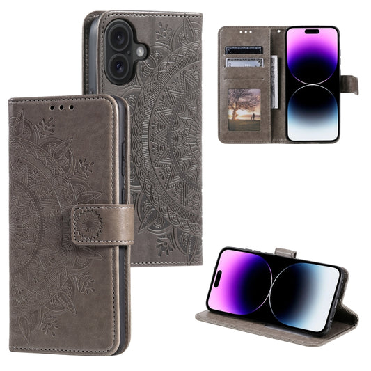 For iPhone 16 Plus Totem Flower Embossed Leather Phone Case(Grey) - iPhone 16 Plus Cases by PMC Jewellery | Online Shopping South Africa | PMC Jewellery | Buy Now Pay Later Mobicred