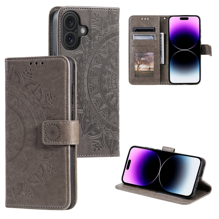 For iPhone 16 Totem Flower Embossed Leather Phone Case(Grey) - iPhone 16 Cases by PMC Jewellery | Online Shopping South Africa | PMC Jewellery | Buy Now Pay Later Mobicred