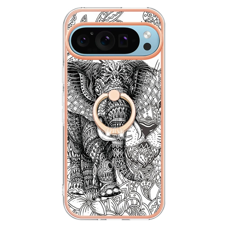 For Google Pixel 9 Pro XL Electroplating Dual-side IMD Phone Case with Ring Holder(Totem Elephant) - Google Cases by PMC Jewellery | Online Shopping South Africa | PMC Jewellery | Buy Now Pay Later Mobicred