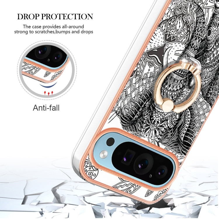 For Google Pixel 9 Pro XL Electroplating Dual-side IMD Phone Case with Ring Holder(Totem Elephant) - Google Cases by PMC Jewellery | Online Shopping South Africa | PMC Jewellery | Buy Now Pay Later Mobicred