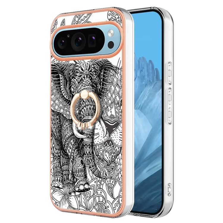 For Google Pixel 9 / 9 Pro Electroplating Dual-side IMD Phone Case with Ring Holder(Totem Elephant) - Google Cases by PMC Jewellery | Online Shopping South Africa | PMC Jewellery | Buy Now Pay Later Mobicred