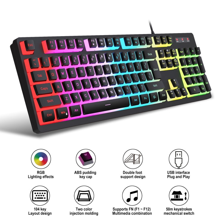 HXSJ L200+X100 Wired RGB Backlit Keyboard and Mouse Set 104 Pudding Key Caps + 3600DPI Mouse(Black) - Wired Keyboard by HXSJ | Online Shopping South Africa | PMC Jewellery | Buy Now Pay Later Mobicred