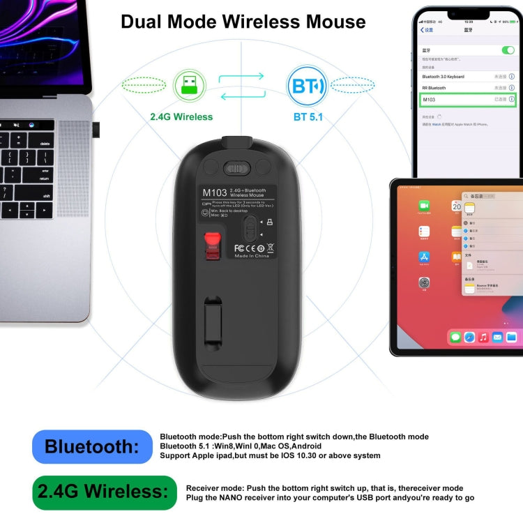 HXSJ M103 1600DPI Dual Mode 2.4GHz + Bluetooth 5.1 Wireless Rechargeable Mouse(Silver) - Wireless Mice by HXSJ | Online Shopping South Africa | PMC Jewellery | Buy Now Pay Later Mobicred