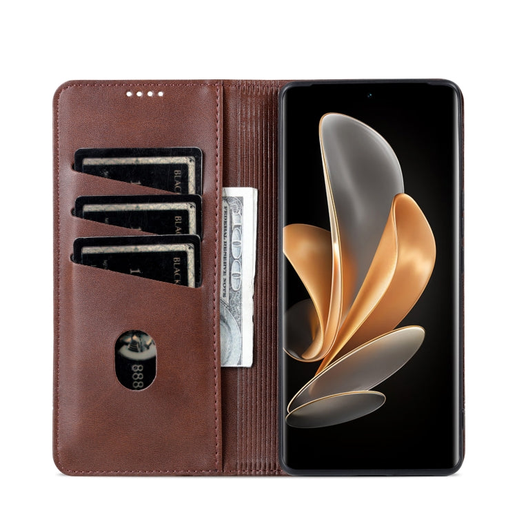 For OPPO Reno11 China AZNS Magnetic Calf Texture Flip Leather Phone Case(Dark Brown) - free shipping - PMC Jewellery - Order now!