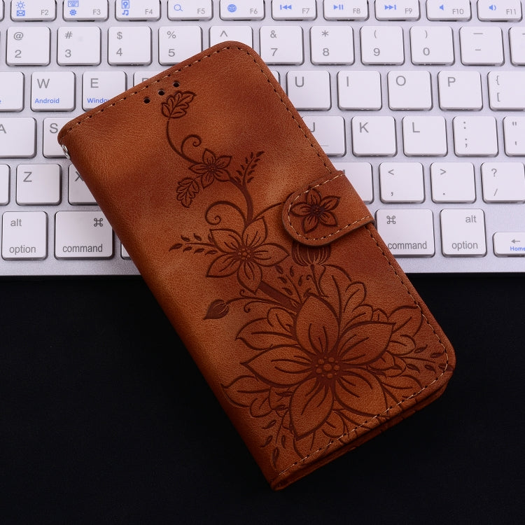 For iPhone SE 2024 Lily Embossed Leather Phone Case(Brown) - More iPhone Cases by PMC Jewellery | Online Shopping South Africa | PMC Jewellery | Buy Now Pay Later Mobicred