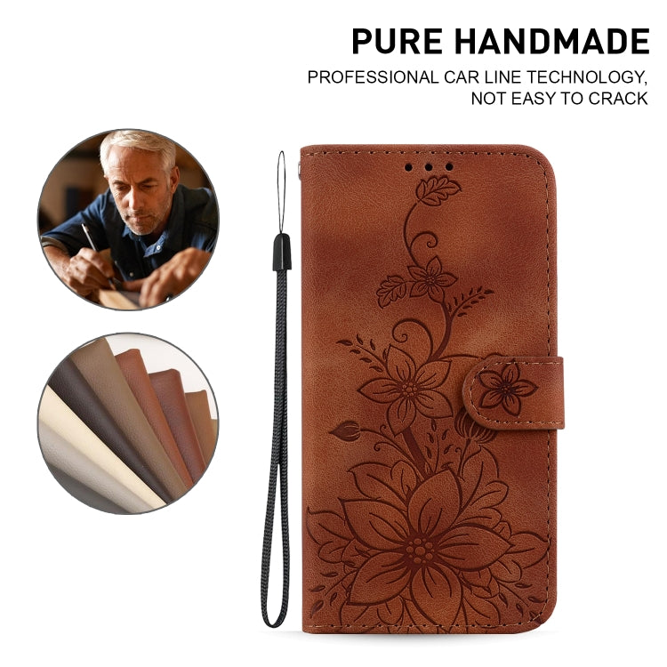 For iPhone 16 Plus Lily Embossed Leather Phone Case(Brown) - iPhone 16 Plus Cases by PMC Jewellery | Online Shopping South Africa | PMC Jewellery | Buy Now Pay Later Mobicred