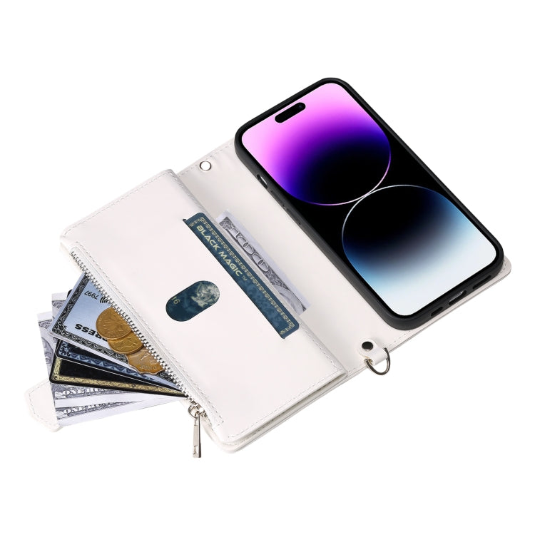 For iPhone 16 Pro Grid Texture Zipper Leather Phone Case with Lanyard(White) - iPhone 16 Pro Cases by PMC Jewellery | Online Shopping South Africa | PMC Jewellery | Buy Now Pay Later Mobicred