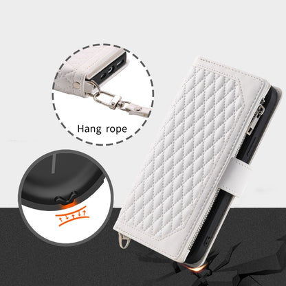 For iPhone 16 Pro Grid Texture Zipper Leather Phone Case with Lanyard(White) - iPhone 16 Pro Cases by PMC Jewellery | Online Shopping South Africa | PMC Jewellery | Buy Now Pay Later Mobicred