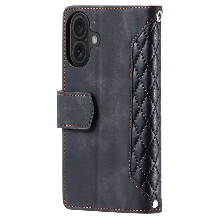 For iPhone 16 Plus Grid Texture Zipper Leather Phone Case with Lanyard(Black) - iPhone 16 Plus Cases by PMC Jewellery | Online Shopping South Africa | PMC Jewellery | Buy Now Pay Later Mobicred