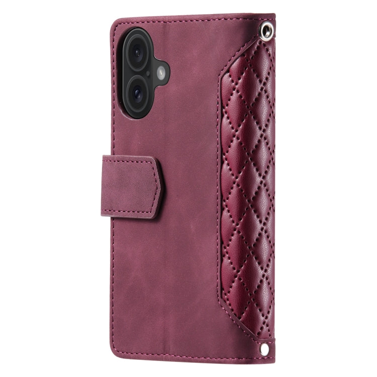 For iPhone 16 Grid Texture Zipper Leather Phone Case with Lanyard(Wine Red) - iPhone 16 Cases by PMC Jewellery | Online Shopping South Africa | PMC Jewellery | Buy Now Pay Later Mobicred