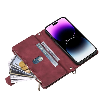 For iPhone 16 Grid Texture Zipper Leather Phone Case with Lanyard(Wine Red) - iPhone 16 Cases by PMC Jewellery | Online Shopping South Africa | PMC Jewellery | Buy Now Pay Later Mobicred