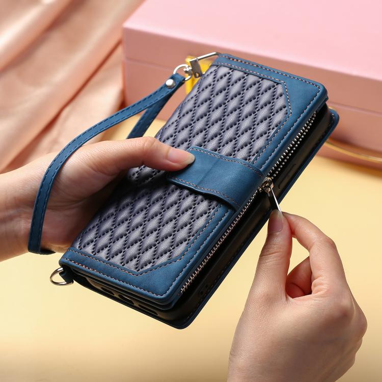 For iPhone 16e Grid Texture Zipper Leather Phone Case with Lanyard(Blue) - iPhone 16e Cases by PMC TechLife | Online Shopping South Africa | PMC TechLife | Buy Now Pay Later Mobicred