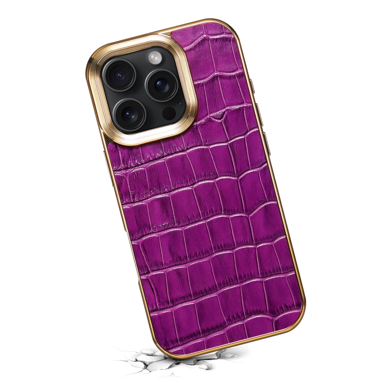 For iPhone 16 Pro Max Denior Crocodile Texture Genuine Leather Electroplating Phone Case(Purple) - More iPhone Cases by Denior | Online Shopping South Africa | PMC Jewellery | Buy Now Pay Later Mobicred