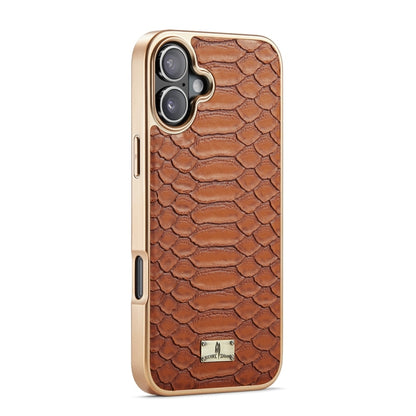 For iPhone 16 Plus Fierre Shann Python Texture Electroplating PU Phone Case(Brown) - iPhone 16 Plus Cases by FIERRE SHANN | Online Shopping South Africa | PMC Jewellery | Buy Now Pay Later Mobicred