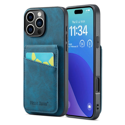 For iPhone 16 Pro Fierre Shann Crazy Horse Card Holder Back Cover PU Phone Case(Blue) - iPhone 16 Pro Cases by FIERRE SHANN | Online Shopping South Africa | PMC Jewellery | Buy Now Pay Later Mobicred