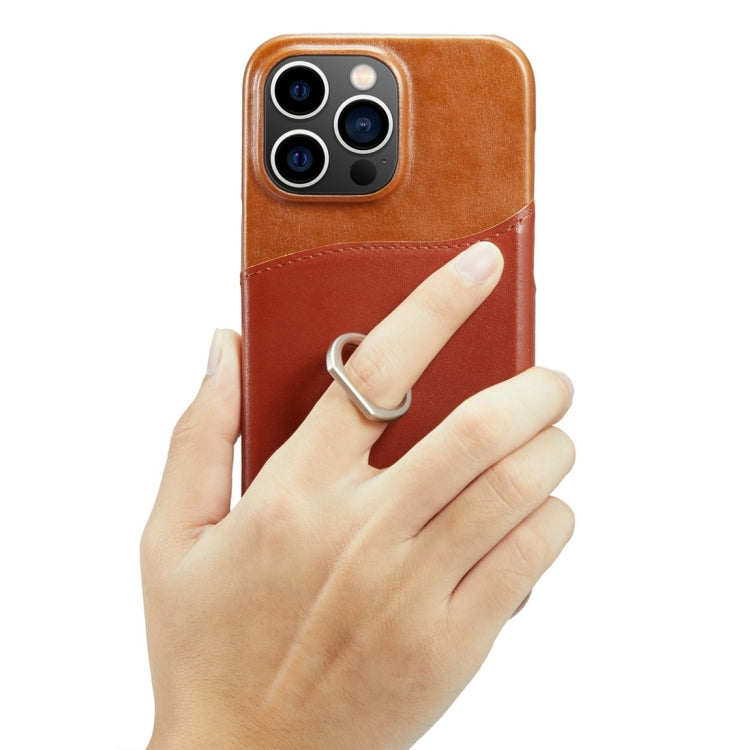 For iPhone 15 Pro Max Fierre Shann Oil Wax Texture Genuine Leather Back Cover Phone Case(Brown) - free shipping - PMC Jewellery - Order now!