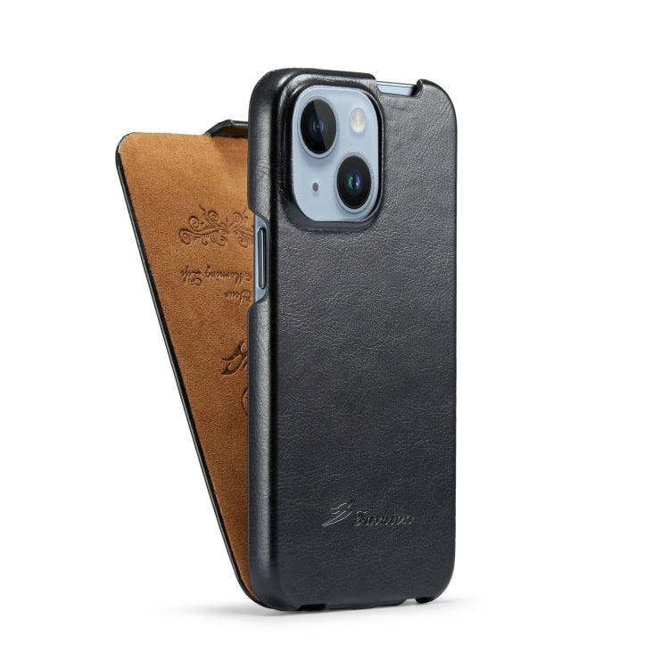 For iPhone 15 Fierre Shann Oil Wax Texture Vertical Flip PU Phone Case(Black) - iPhone 15 Cases by FIERRE SHANN | Online Shopping South Africa | PMC TechLife | Buy Now Pay Later Mobicred