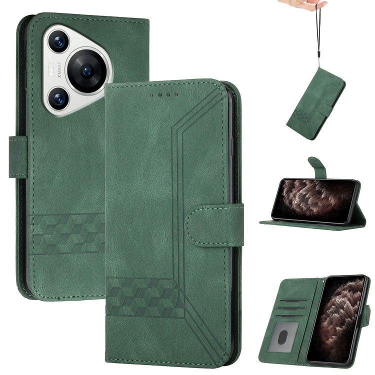 For Huawei Pura 70 Cubic Skin Feel Flip Leather Phone Case(Green) - free shipping - PMC Jewellery - Order now!