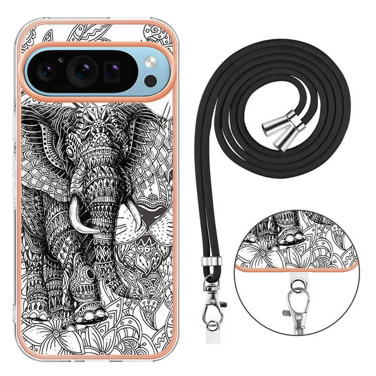 For Google Pixel 9 / 9 Pro Electroplating Dual-side IMD Phone Case with Lanyard(Totem Elephant) - Google Cases by PMC Jewellery | Online Shopping South Africa | PMC Jewellery | Buy Now Pay Later Mobicred