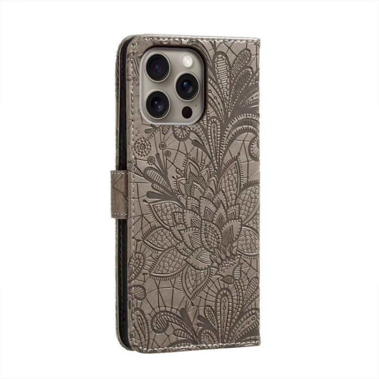 For iPhone 16 Pro Max Lace Flower Embossing Flip Leather Phone Case(Grey) - iPhone 16 Pro Max Cases by PMC Jewellery | Online Shopping South Africa | PMC Jewellery | Buy Now Pay Later Mobicred