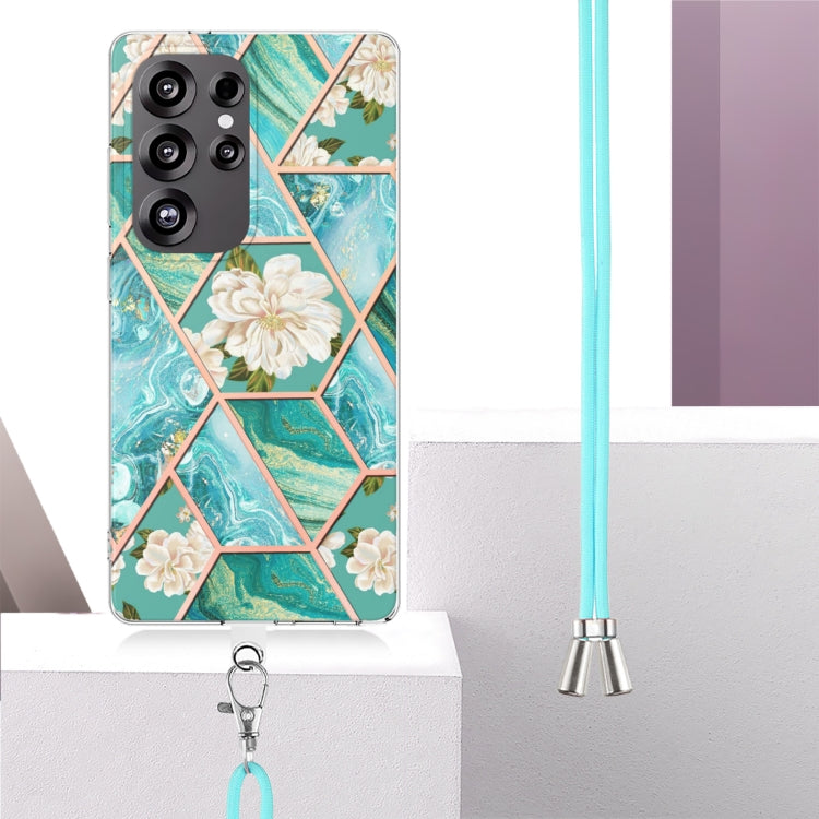For Samsung Galaxy S25 Ultra 5G Electroplating Splicing Marble Flower IMD TPU Phone Case with Lanyard(Blue Flower) - Galaxy S25 Ultra 5G Cases by PMC Jewellery | Online Shopping South Africa | PMC Jewellery | Buy Now Pay Later Mobicred