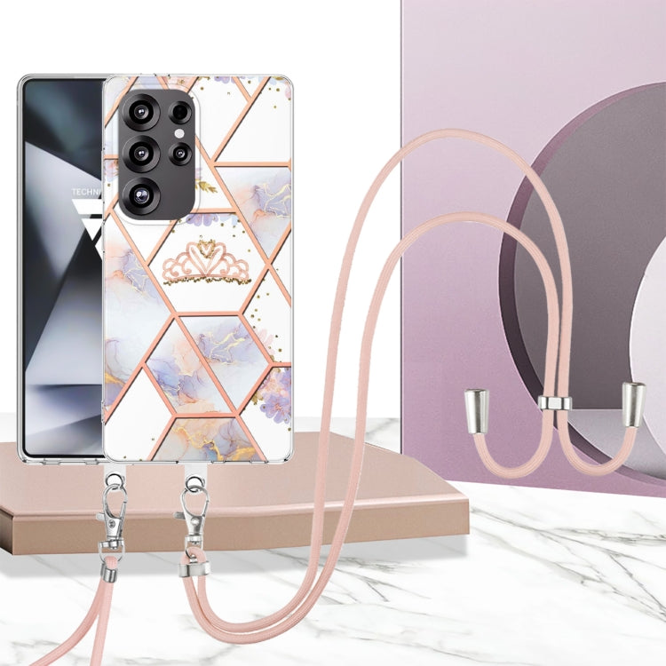 For Samsung Galaxy S25 Ultra 5G Electroplating Splicing Marble Flower IMD TPU Phone Case with Lanyard(Crown) - Galaxy S25 Ultra 5G Cases by PMC Jewellery | Online Shopping South Africa | PMC Jewellery | Buy Now Pay Later Mobicred