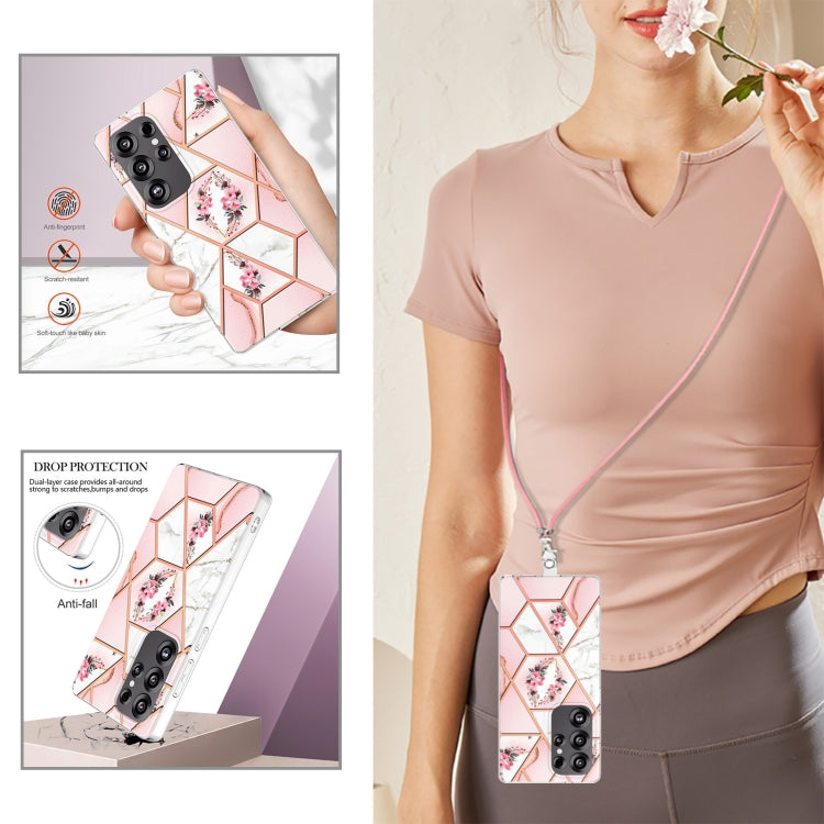 For Samsung Galaxy S25 Ultra 5G Electroplating Splicing Marble Flower IMD TPU Phone Case with Lanyard(Pink Flower) - Galaxy S25 Ultra 5G Cases by PMC Jewellery | Online Shopping South Africa | PMC Jewellery | Buy Now Pay Later Mobicred