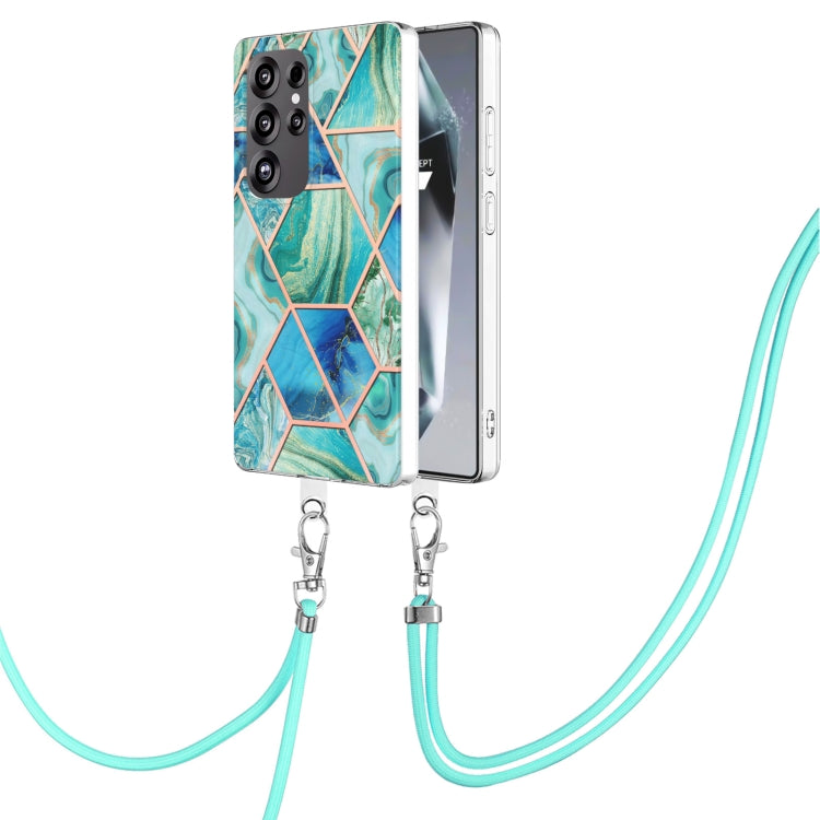 For Samsung Galaxy S25 Ultra 5G Electroplating IMD Splicing Dual-side Marble TPU Phone Case with Lanyard(Green) - Galaxy S25 Ultra 5G Cases by PMC TechLife | Online Shopping South Africa | PMC TechLife | Buy Now Pay Later Mobicred