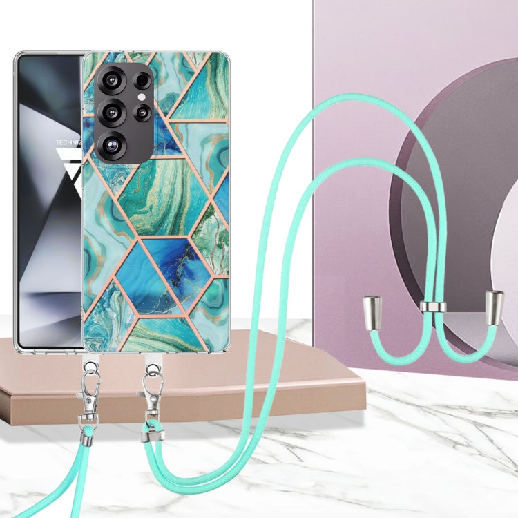 For Samsung Galaxy S25 Ultra 5G Electroplating IMD Splicing Dual-side Marble TPU Phone Case with Lanyard(Green) - Galaxy S25 Ultra 5G Cases by PMC TechLife | Online Shopping South Africa | PMC TechLife | Buy Now Pay Later Mobicred