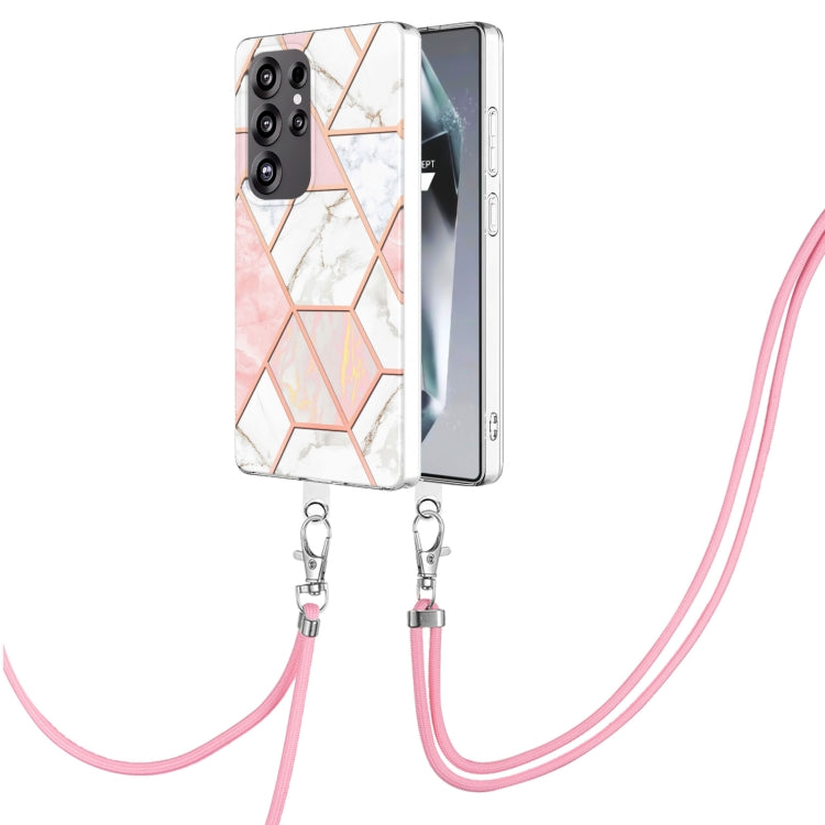 For Samsung Galaxy S25 Ultra 5G Electroplating IMD Splicing Dual-side Marble TPU Phone Case with Lanyard(Pink White) - free shipping - PMC TechLife - Order now!