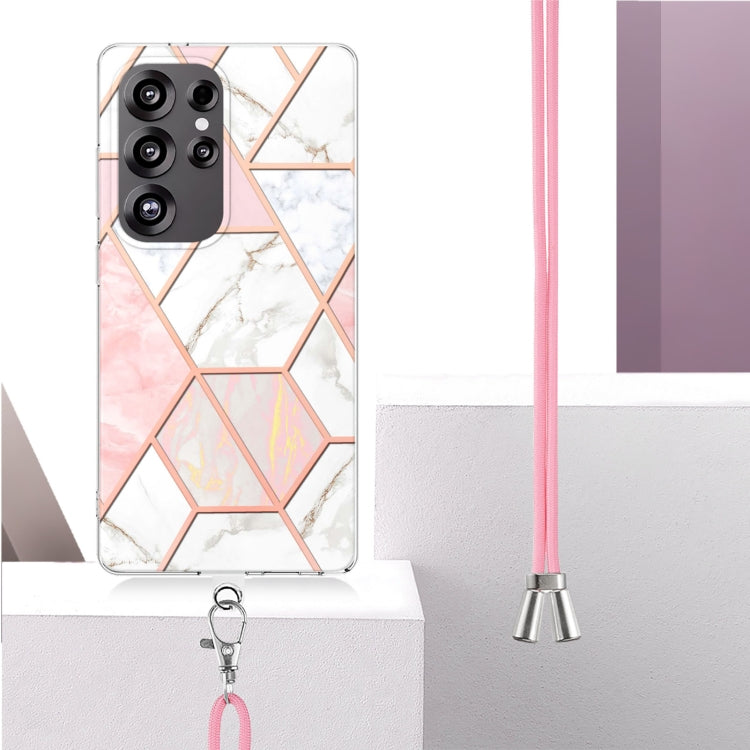 For Samsung Galaxy S25 Ultra 5G Electroplating IMD Splicing Dual-side Marble TPU Phone Case with Lanyard(Pink White) - free shipping - PMC TechLife - Order now!
