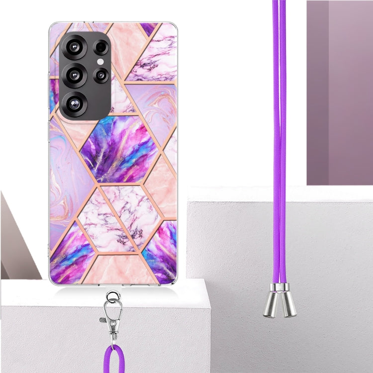 For Samsung Galaxy S25 Ultra 5G Electroplating IMD Splicing Dual-side Marble TPU Phone Case with Lanyard(Light Purple) - Galaxy S25 Ultra 5G Cases by PMC TechLife | Online Shopping South Africa | PMC TechLife | Buy Now Pay Later Mobicred