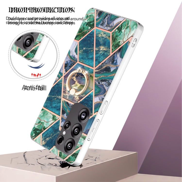 For Samsung Galaxy S25 Ultra 5G Splicing Marble Flower IMD TPU Phone Case Ring Holder(Blue Green) - Galaxy S25 Ultra 5G Cases by PMC TechLife | Online Shopping South Africa | PMC TechLife | Buy Now Pay Later Mobicred