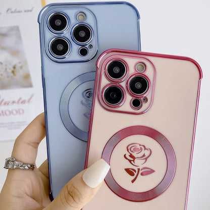 For iPhone 15 Pro Electroplate Side Roses Flower MagSafe Phone Case(Blue) - iPhone 15 Pro Cases by PMC Jewellery | Online Shopping South Africa | PMC Jewellery