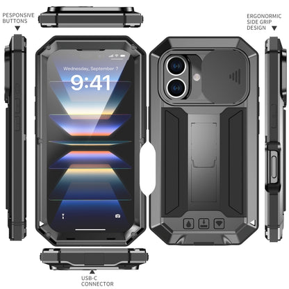 For iPhone 16 R-JUST Sliding Camera IP54 Life Waterproof Holder Phone Case(Black) - iPhone 16 Cases by R-JUST | Online Shopping South Africa | PMC Jewellery | Buy Now Pay Later Mobicred