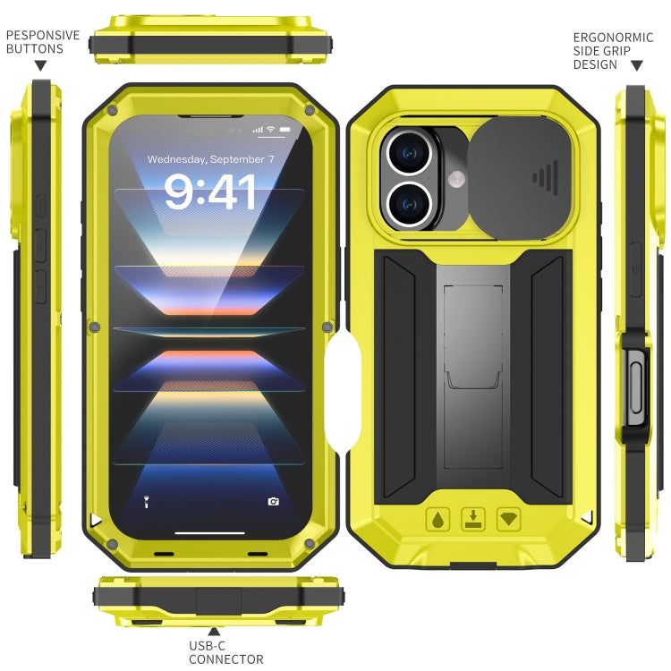 For iPhone 16 R-JUST Sliding Camera IP54 Life Waterproof Holder Phone Case(Yellow) - iPhone 16 Cases by R-JUST | Online Shopping South Africa | PMC Jewellery | Buy Now Pay Later Mobicred