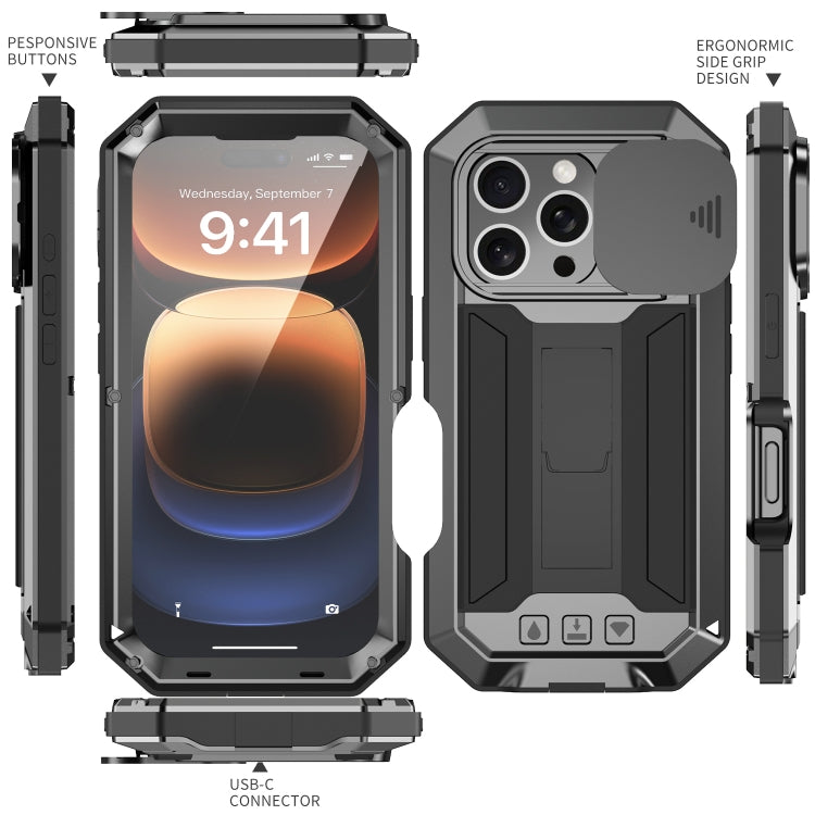 For iPhone 16 Pro R-JUST Sliding Camera IP54 Life Waterproof Holder Phone Case(Black) - free shipping - PMC Jewellery - Order now!
