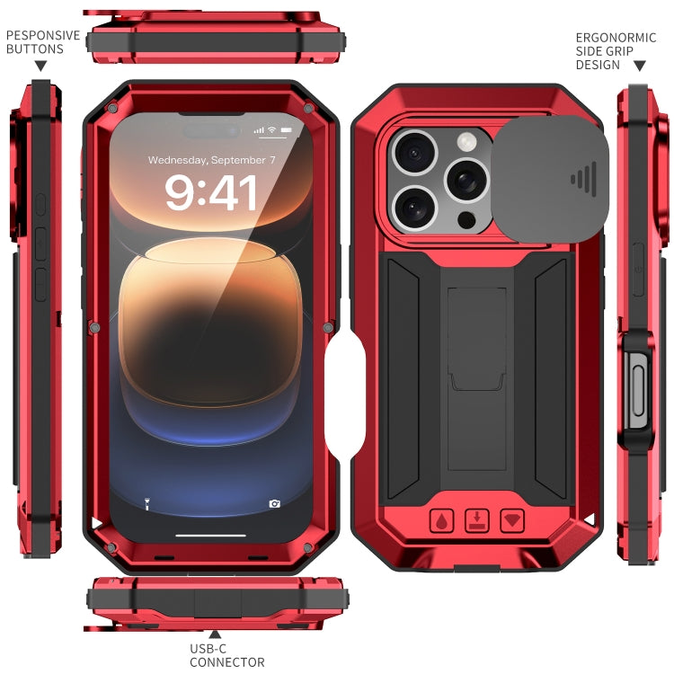 For iPhone 16 Pro R-JUST Sliding Camera IP54 Life Waterproof Holder Phone Case(Red) - iPhone 16 Pro Cases by R-JUST | Online Shopping South Africa | PMC Jewellery | Buy Now Pay Later Mobicred