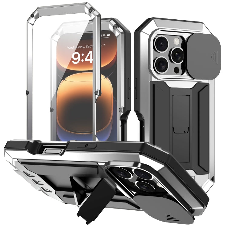 For iPhone 16 Pro Max R-JUST Sliding Camera IP54 Life Waterproof Holder Phone Case(Silver) - iPhone 16 Pro Max Cases by R-JUST | Online Shopping South Africa | PMC Jewellery | Buy Now Pay Later Mobicred