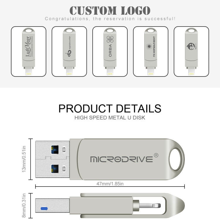 MicroDrive 2 In 1  8 Pin + USB 2.0 Portable Metal USB Flash Disk, Capacity:16GB(Silver) - USB Flash Drives by MICRODRIVE | Online Shopping South Africa | PMC Jewellery | Buy Now Pay Later Mobicred