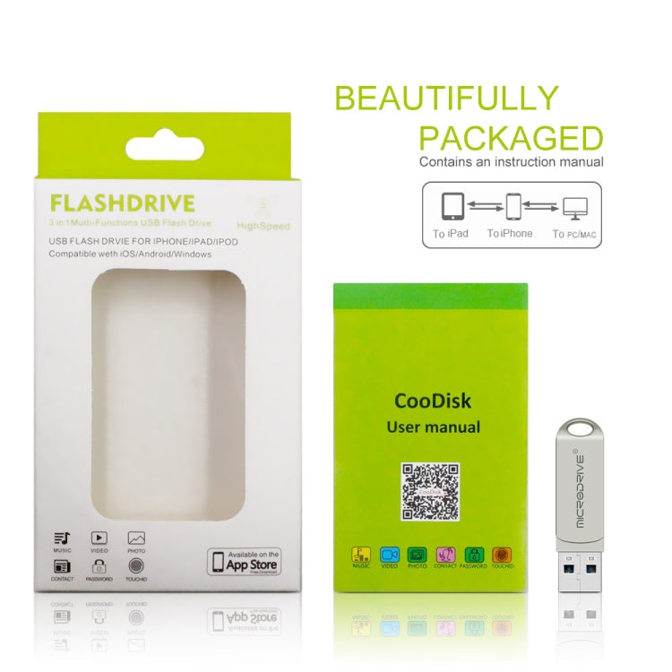 MicroDrive 2 In 1  8 Pin + USB 2.0 Portable Metal USB Flash Disk, Capacity:64GB(Silver) - free shipping - PMC Jewellery - Order now!