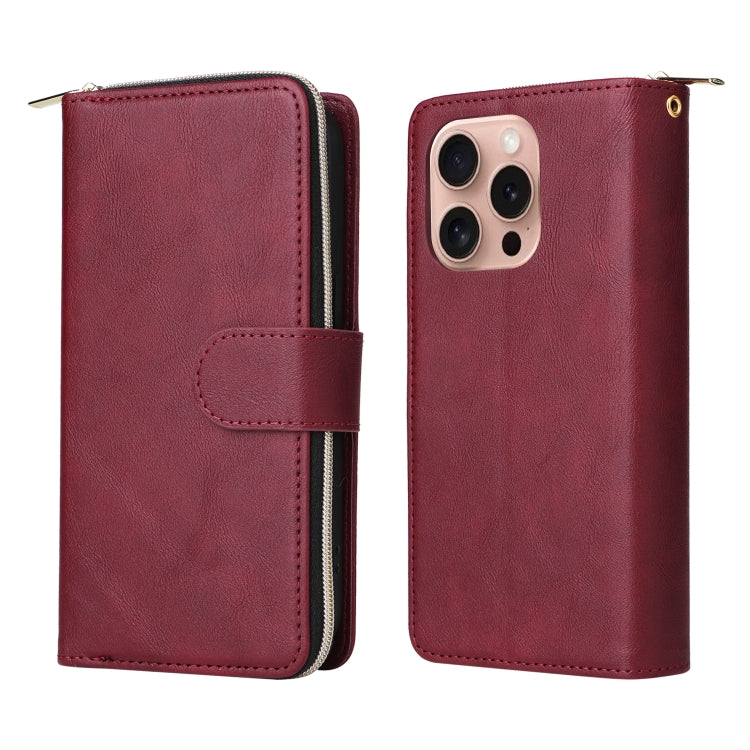 For iPhone 16 Pro 9 Card Slots Zipper Wallet Bag Leather Phone Case(Wine Red) - iPhone 16 Pro Cases by PMC Jewellery | Online Shopping South Africa | PMC Jewellery | Buy Now Pay Later Mobicred