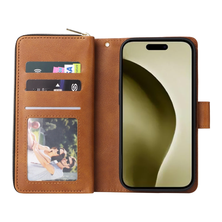 For iPhone 16 Pro 9 Card Slots Zipper Wallet Bag Leather Phone Case(Brown) - iPhone 16 Pro Cases by PMC Jewellery | Online Shopping South Africa | PMC Jewellery | Buy Now Pay Later Mobicred