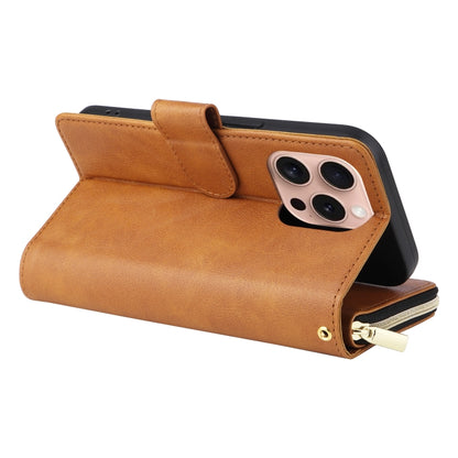 For iPhone 16 Pro 9 Card Slots Zipper Wallet Bag Leather Phone Case(Brown) - iPhone 16 Pro Cases by PMC Jewellery | Online Shopping South Africa | PMC Jewellery | Buy Now Pay Later Mobicred