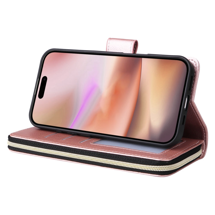 For iPhone 16 Plus 9 Card Slots Zipper Wallet Bag Leather Phone Case(Rose Gold) - iPhone 16 Plus Cases by PMC Jewellery | Online Shopping South Africa | PMC Jewellery | Buy Now Pay Later Mobicred