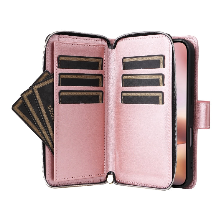 For iPhone 16 Plus 9 Card Slots Zipper Wallet Bag Leather Phone Case(Rose Gold) - iPhone 16 Plus Cases by PMC Jewellery | Online Shopping South Africa | PMC Jewellery | Buy Now Pay Later Mobicred